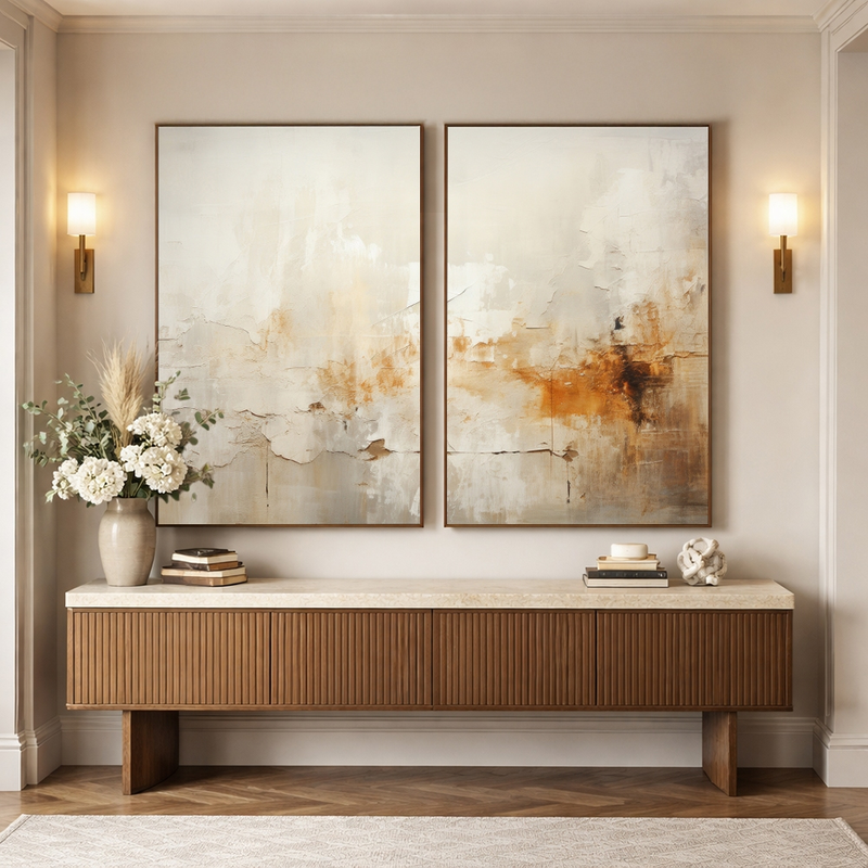Quadro Decorativo Abstrato Reflexo do Outono 2 Telas Madeira | Díptico para Sala e Quarto