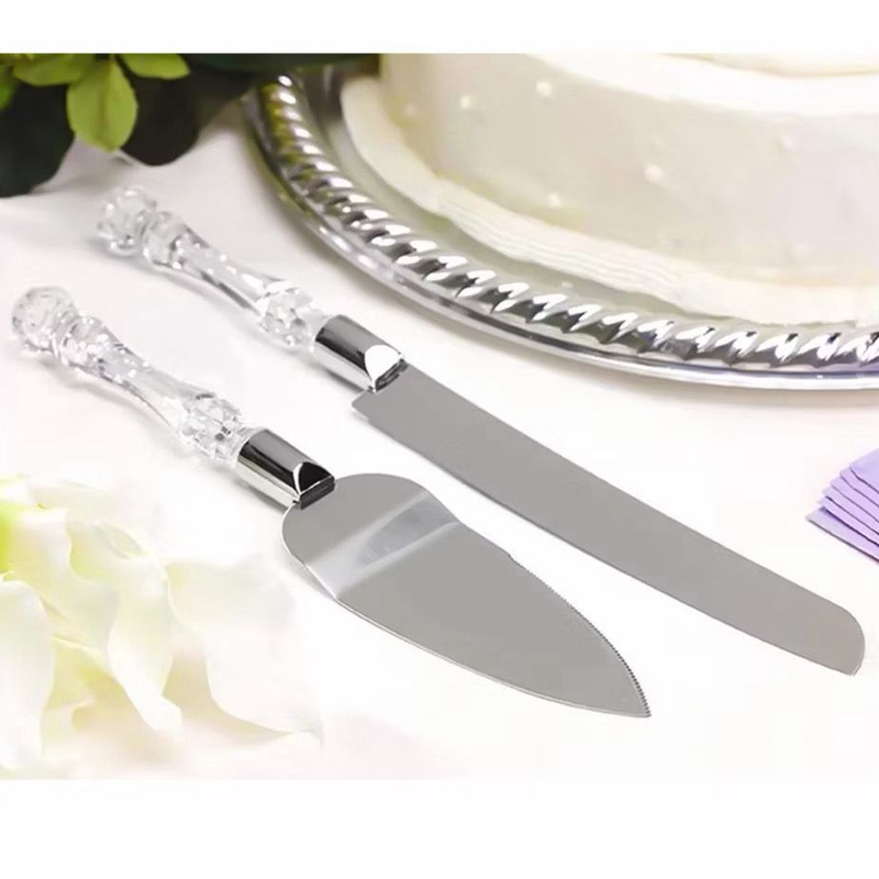 Jogo Espátula e Faca para Bolo 2 Peças Aço Inox Cabo Acrílico Cortador Servidor de Bolo Tortas Cozinha