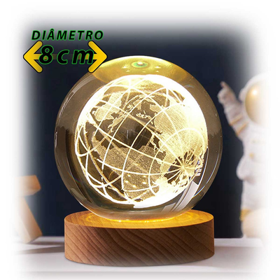 Luminária Cristal Planeta Terra LED com Base de Madeira – Aconchego e Efeito Galáxia para Decorar