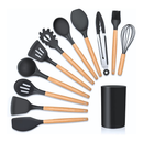 Kit 12 Peças Utensílios Cozinha Silicone Maciço Com Cabo De Madeira Colheres Super Praticas