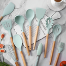 Kit 12 Peças Utensílios Cozinha Silicone Maciço Com Cabo De Madeira Colheres Super Praticas