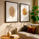 Kit 2 Quadros Folhas Douradas Decorativas Fundo Branco Clean Elegante Natureza Moderna Com Moldura