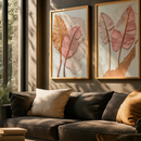 Kit 2 Quadros Folhas Douradas e Rosê Relevo Texturizado Tropical Moderno Elegante Com Moldura