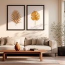 Kit 2 Quadros Folhas Douradas Decorativas Fundo Branco Clean Elegante Natureza Moderna Com Moldura