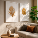 Kit 2 Quadros Folhas Douradas Decorativas Fundo Branco Clean Elegante Natureza Moderna Com Moldura