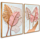 Kit 2 Quadros Folhas Douradas e Rosê Relevo/ Quarto e Sala