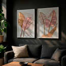 Kit 2 Quadros Folhas Douradas e Rosê Relevo Texturizado Tropical Moderno Elegante Com Moldura