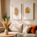 Kit 2 Quadros Folhas Douradas Decorativas Fundo Branco Clean Elegante Natureza Moderna Com Moldura
