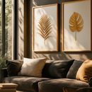 Kit 2 Quadros Folhas Douradas Decorativas Fundo Branco Clean Elegante Natureza Moderna Com Moldura