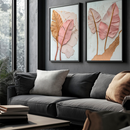 Kit 2 Quadros Folhas Douradas e Rosê Relevo Texturizado Tropical Moderno Elegante Com Moldura