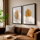Kit 2 Quadros Folhas Douradas Decorativas Fundo Branco Clean Elegante Natureza Moderna Com Moldura