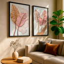 Kit 2 Quadros Folhas Douradas e Rosê Relevo Texturizado Tropical Moderno Elegante Com Moldura