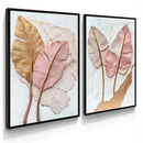 Kit 2 Quadros Folhas Douradas e Rosê Relevo/ Quarto e Sala