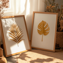 Kit 2 Quadros Folhas Douradas Decorativas Fundo Branco Clean Elegante Natureza Moderna Com Moldura