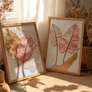 Kit 2 Quadros Folhas Douradas e Rosê Relevo Texturizado Tropical Moderno Elegante Com Moldura