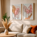 Kit 2 Quadros Folhas Douradas e Rosê Relevo Texturizado Tropical Moderno Elegante Com Moldura