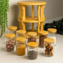 Porta Temperos Condimento Giratório 10 Potes Vidro Tampa Bambu Hermético 250ML Suporte Organizador
