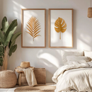 Kit 2 Quadros Folhas Douradas Decorativas Fundo Branco Clean Elegante Natureza Moderna Com Moldura