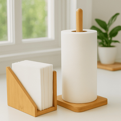 Kit Bambu Porta Guardanapo + Suporte de Papel Toalha Grande para Mesa Bancada Cozinha