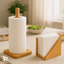 Kit Bambu Porta Guardanapo + Suporte de Papel Toalha Grande para Mesa Bancada Cozinha