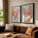 Kit 2 Quadros Folhas Douradas e Rosê Relevo Texturizado Tropical Moderno Elegante Com Moldura