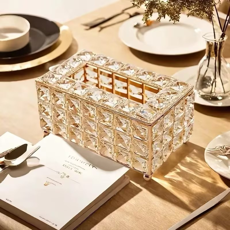 Caixa Porta Lenços De Papel Em Acrílico Cristal-Estilo Luxuoso Europeu, com Design de Corte Diamantado