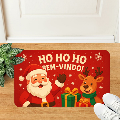 Tapete de Natal Papai Noel Ho Ho Ho Bem-Vindo 35x60 cm Antiderrapante: Capacho Decorativo para Porta